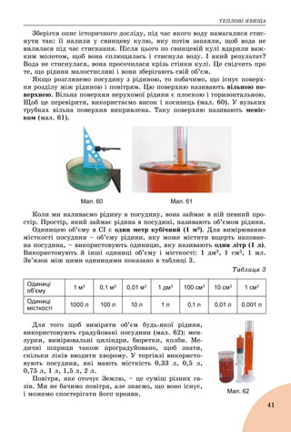 ÒÅÏËÎÂІ ßÂÈÙÀ
41
Çáåðіãñÿ îïèñ іñòîðè÷íîãî äîñëіäó, ïіä ÷àñ ÿêîãî âîäó íàìàãàëèñÿ ñòèñ-
íóòè òàê: її íàëèëè ó ñâèíöåâó êóëþ, ÿêó ïîòіì çàïàÿëè, ùîá âîäà íå
âèëèëàñÿ ïіä ÷àñ ñòèñêàííÿ. Ïіñëÿ öüîãî ïî ñâèíöåâіé êóëі âäàðèëè âàæ-
êèì ìîëîòîì, ùîá âîíà ñïëþùèëàñü і ñòèñíóëà âîäó. І ÿêèé ðåçóëüòàò?
Âîäà íå ñòèñíóëàñÿ, âîíà ïðîñî÷èëàñÿ êðіçü ñòіíêè êóëі. Öå ñâіä÷èòü ïðî
òå, ùî ðіäèíè ìàëîñòèñëèâі і âîíè çáåðіãàþòü ñâіé îá’єì.
ßêùî ðîçãëÿíåìî ïîñóäèíó ç ðіäèíîþ, òî ïîáà÷èìî, ùî іñíóє ïîâåðõ-
íÿ ðîçäіëó ìіæ ðіäèíîþ і ïîâіòðÿì. Öþ ïîâåðõíþ íàçèâàþòü âіëüíîþ ïî-
âåðõíåþ. Âіëüíà ïîâåðõíÿ íåðóõîìîї ðіäèíè є ïëîñêîþ і ãîðèçîíòàëüíîþ.
Ùîá öå ïåðåâіðèòè, âèêîðèñòàєìî âèñîê і êîñèíåöü (ìàë. 60). Ó âóçüêèõ
òðóáêàõ âіëüíà ïîâåðõíÿ âèêðèâëåíà. Òàêó ïîâåðõíþ íàçèâàþòü ìåíіñ-
êîì (ìàë. 61).
Мал. 60 Мал. 61
Êîëè ìè íàëèâàєìî ðіäèíó â ïîñóäèíó, âîíà çàéìàє â íіé ïåâíèé ïðî-
ñòіð. Ïðîñòіð, ÿêèé çàéìàє ðіäèíà â ïîñóäèíі, íàçèâàþòü îá’єìîì ðіäèíè.
Îäèíèöåþ îá’єìó â ÑІ є îäèí ìåòð êóáі÷íèé (1 ì3). Äëÿ âèìіðþâàííÿ
ìіñòêîñòі ïîñóäèíè – îá’єìó ðіäèíè, ÿêó ìîæå ìіñòèòè âùåðòü íàïîâíå-
íà ïîñóäèíà, – âèêîðèñòîâóþòü îäèíèöþ, ÿêó íàçèâàþòü îäèí ëіòð (1 ë).
Âèêîðèñòîâóþòü é іíøі îäèíèöі îá’єìó і ìіñòêîñòі: 1 äì3, 1 ñì3, 1 ìë.
Çâ’ÿçîê ìіæ öèìè îäèíèöÿìè ïîêàçàíî â òàáëèöі 3.
Òàáëèöÿ 3
Одиниці
об’єму
1 м3 0,1 м3 0,01 м3 1 дм3 100 см3 10 см3 1 см3
Одиниці
місткості
1000 л 100 л 10 л 1 л 0,1 л 0,01 л 0,001 л
Äëÿ òîãî ùîá âèìіðÿòè îá’єì áóäü-ÿêîї ðіäèíè,
âèêîðèñòîâóþòü ãðàäóéîâàíі ïîñóäèíè (ìàë. 62): ìåí-
çóðêè, âèìіðþâàëüíі öèëіíäðè, áþðåòêè, êîëáè. Ìå-
äè÷íі øïðèöè òàêîæ ïðîãðàäóéîâàíî, ùîá çíàòè,
ñêіëüêè ëіêіâ ââîäèòè õâîðîìó. Ó òîðãіâëі âèêîðèñòî-
âóþòü ïîñóäèíè, ÿêі ìàþòü ìіñòêіñòü 0,33 ë, 0,5 ë,
0,75 ë, 1 ë, 1,5 ë, 2 ë.
Ïîâіòðÿ, ÿêå îòî÷óє Çåìëþ, – öå ñóìіø ðіçíèõ ãà-
çіâ. Ìè íå áà÷èìî ïîâіòðÿ, àëå çíàєìî, ùî âîíî іñíóє,
і ìîæåìî ñïîñòåðіãàòè éîãî ïðîÿâè. Мал. 62
 
