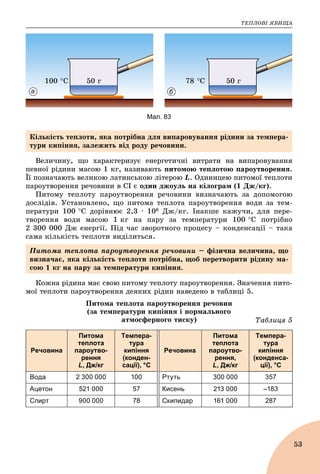 ÒÅÏËÎÂІ ßÂÈÙÀ
53
50 ã100 Ñ 78 Ñ 50 ã
а б
Мал. 83
Âåëè÷èíó, ùî õàðàêòåðèçóє åíåðãåòè÷íі âèòðàòè íà âèïàðîâóâàííÿ
ïåâíîї ðіäèíè ìàñîþ 1 êã, íàçèâàþòü ïèòîìîþ òåïëîòîþ ïàðîóòâîðåííÿ.
Її ïîçíà÷àþòü âåëèêîþ ëàòèíñüêîþ ëіòåðîþ L. Îäèíèöåþ ïèòîìîї òåïëîòè
ïàðîóòâîðåííÿ ðå÷îâèíè â ÑІ є îäèí äæîóëü íà êіëîãðàì (1 Äæ/êã).
Ïèòîìó òåïëîòó ïàðîóòâîðåííÿ ðå÷îâèíè âèçíà÷àþòü çà äîïîìîãîþ
äîñëіäіâ. Óñòàíîâëåíî, ùî ïèòîìà òåïëîòà ïàðîóòâîðåííÿ âîäè çà òåì-
ïåðàòóðè 100 Ñ äîðіâíþє 2,3 ∙ 106 Äæ/êã. Іíàêøå êàæó÷è, äëÿ ïåðå-
òâîðåííÿ âîäè ìàñîþ 1 êã íà ïàðó çà òåìïåðàòóðè 100 Ñ ïîòðіáíî
2 300 000 Äæ åíåðãії. Ïіä ÷àñ çâîðîòíîãî ïðîöåñó – êîíäåíñàöії – òàêà
ñàìà êіëüêіñòü òåïëîòè âèäіëèòüñÿ.
Êîæíà ðіäèíà ìàє ñâîþ ïèòîìó òåïëîòó ïàðîóòâîðåííÿ. Çíà÷åííÿ ïèòî-
ìîї òåïëîòè ïàðîóòâîðåííÿ äåÿêèõ ðіäèí íàâåäåíî â òàáëèöі 5.
Ïèòîìà òåïëîòà ïàðîóòâîðåííÿ ðå÷îâèí
Òàáëèöÿ 5
(çà òåìïåðàòóðè êèïіííÿ і íîðìàëüíîãî
àòìîñôåðíîãî òèñêó)
Речовина
Питома
теплота
пароутво-
рення
L, Дж/кг
Темпера-
тура
кипіння
(конден-
сації), °С
Речовина
Питома
теплота
пароутво-
рення,
L, Дж/кг
Темпера-
тура
кипіння
(конденса-
ції), °С
Вода 2 300 000 100 Ртуть 300 000 357
Ацетон 521 000 57 Кисень 213 000 –183
Спирт 900 000 78 Скипидар 161 000 287
Êіëüêіñòü òåïëîòè, ÿêà ïîòðіáíà äëÿ âèïàðîâóâàííÿ ðіäèíè çà òåìïåðà-
òóðè êèïіííÿ, çàëåæèòü âіä ðîäó ðå÷îâèíè.
Ïèòîìà òåïëîòà ïàðîóòâîðåííÿ ðå÷îâèíè – ôіçè÷íà âåëè÷èíà, ùî
âèçíà÷àє, ÿêà êіëüêіñòü òåïëîòè ïîòðіáíà, ùîá ïåðåòâîðèòè ðіäèíó ìà-
ñîþ 1 êã íà ïàðó çà òåìïåðàòóðè êèïіííÿ.
 