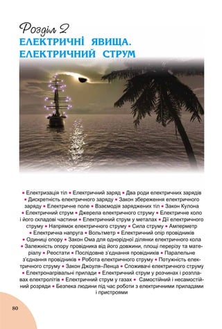 80
Ð 2
ЕЛЕКТРИЧНІ ЯВИЩА.
ЕЛЕКТРИЧНИЙ СТРУМ
 р цЕлектризація тіл  р р дЕлектричний заряд  Д р д р р дДва роди електричних зарядів
 Дискретність електричного заряду  Закон збереження електричного
заряду  Електричне поле  Взаємодія заряджених тіл  Закон Кулона
 Електричний струм  Джерела електричного струму  Електричне коло
і його складові частини  Електричний струм у металах  Дії електричного
струму  Напрямок електричного струму  Сила струму  Амперметр
 Електрична напруга  Вольтметр  Електричний опір провідників
 Одиниці опору  Закон Ома для однорідної ділянки електричного кола
 Залежність опору провідника від його довжини, площі перерізу та мате-
ріалу  Реостати  Послідовне з’єднання провідників  Паралельне
з’єднання провідників  Робота електричного струму  Потужність елек-
тричного струму  Закон Джоуля–Ленца  Споживачі електричного струму
 Електронагрівальні прилади  Електричний струм у розчинах і розпла-
вах електролітів  Електричний струм у газах  Самостійний і несамостій-
ний розряди  Безпека людини під час роботи з електричними приладами
і пристроями
 