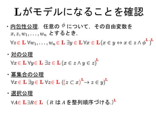 がモデルになることを確認
・冪集合の公理
・選択公理
・内包性公理．任意の について，その自由変数を
とするとき，
・対の公理
は を整列順序づける．
 