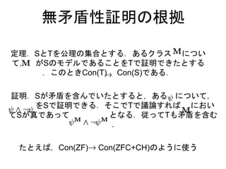 無矛盾性証明の根拠
定理．SとTを公理の集合とする．あるクラス につい
て， がSのモデルであることをTで証明できたとする
．このときCon(T) Con(S)である．
たとえば，Con(ZF) Con(ZFC+CH)のように使う
証明．Sが矛盾を含んでいたとすると，ある について，
をSで証明できる．そこでTで議論すれば におい
てSが真であって となる．従ってTも矛盾を含む
.
 