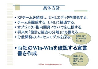 （C）Eiwa System Management, Inc 10
具体方針	
w XPチームを結成し，UMLエディタを開発する．	
w チームを醸成する．UMLに精通する．	
w オブジェクト指向開発ノウハウを伝授する．	
w 将来の「設計と製造の分離」にも備える．	
w 分散開発のプロセスモデルを探る．	
	
w 両社のWin-Winを確認する宣言
書を作成．	
当時こういう
言い方が流
行っていた	
重視したの
は思いと共
通のゴール
作り。	
 