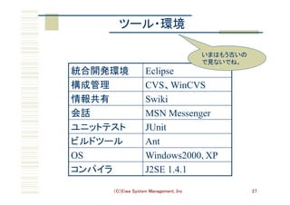 （C）Eiwa System Management, Inc 27
ツール・環境	
統合開発環境	 Eclipse
構成管理	 CVS、WinCVS
情報共有	 Swiki
会話	 MSN Messenger
ユニットテスト	 JUnit	
ビルドツール	 Ant
OS Windows2000､XP
コンパイラ	 J2SE 1.4.1
いまはもう古いの
で見ないでね。	
 