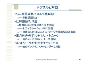 （C）Eiwa System Management, Inc 49
トラブルと対処	
w Visa取得遅れによる出張延期	
n  → 準備課題など	
w 仕様誤解２，３度	
n  慣れによる仕様確認不足が原因	
n  → そのイテレーション内に回復	
n  → 複雑なものはwiki上にイメージと詳細な記述追加	
w 正月休みのずれ＋１人ハネムーン	
n  → 他のメンバがカバーし、問題なし	
w ネットワーク不安定でチャット不可	
n  → 他のインスタントメッセンジャで対処	
 