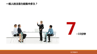 桔子爱读书
一般人的注意力能集中多久？
7~15分钟
 