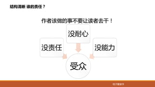 桔子爱读书
结构清晰 谁的责任？
作者该做的事不要让读者去干！
受众
没责任
没耐心
没能力
 