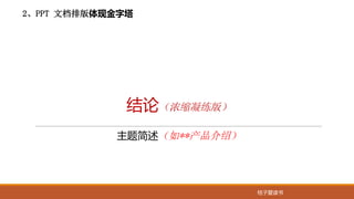 桔子爱读书
2、PPT 文档排版体现金字塔
主题简述（如**产品介绍）
结论（浓缩凝练版）
 
