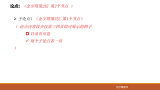 桔子爱读书
论点2 （金字塔第2层 第2个节点 ）
Ø 子论点1 （金字塔第3层 第1个节点）
（ 论点内容较少仅需三四页即可展示的例子
p 目录页可选
ü 每个子论点各一页
）
 