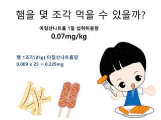 햄을 몇 조각 먹을 수 있을까?
아질산나트륨 1일 섭취허용량
0.07mg/kg
햄 1조각(25g) 아질산나트륨양
0.009 x 25 = 0.225mg
 