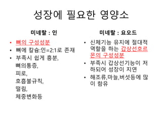 성장에 필요한 영양소
미네랄 : 인
• 뼈의 구성성분
• 뼈에 칼슘:인=2:1로 존재
• 부족시 쉽게 흥분,
뼈의통증,
피로,
호흡불규칙,
떨림,
체중변화등
미네랄 : 요오드
• 신체기능 유지에 절대적
역할을 하는 갑상선호르
몬의 구성성분
• 부족시 갑상선기능이 저
하되어 성장이 지연
• 해조류,마늘,버섯등에 많
이 함유
 