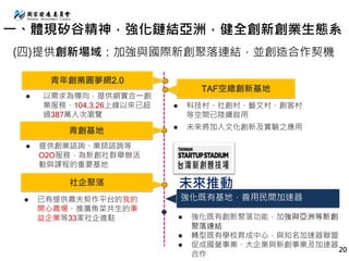 未來推動
一、體現矽谷精神，強化鏈結亞洲，健全創新創業生態系
(四)提供創新場域：加強與國際新創聚落連結，並創造合作契機
青年創業圓夢網2.0
青創基地
TAF空總創新基地
社企聚落
 提供創業諮詢、業師諮詢等
O2O服務，為新創社群舉辦活
動與課程的重要基地
 已有提供農夫契作平台的我的
開心農場、推廣魚菜共生的秉
益企業等33家社企進駐
 科技村、社創村、藝文村、創客村
等空間已陸續啟用
 未來將加入文化創新及實驗之應用
 以需求為導向，提供網實合一創
業服務，104.3.26上線以來已超
過387萬人次瀏覽
強化既有基地，善用民間加速器
 強化既有創新聚落功能，加強與亞洲等新創
聚落連結
 轉型既有學校育成中心，與知名加速器聯盟
 促成國營事業、大企業與新創事業及加速器
合作
20
 