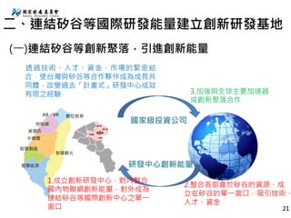 二、連結矽谷等國際研發能量建立創新研發基地
(一)連結矽谷等創新聚落，引進創新能量
3.加強與全球主要加速器
或創新聚落合作
透過技術、人才、資金、市場的緊密結
合，使台灣與矽谷等合作夥伴成為成長共
同體，改變過去「計畫式」研發中心成效
有限之經驗
2.整合各部會於矽谷的資源，成
立在矽谷的單一窗口，吸引技術、
人才、資金
國家級投資公司
AR、VR
研發中心創新能量
物聯網
資通訊
數位教育
半導體
智慧製造
智慧能源
1.成立創新研發中心，對內整合
國內物聯網創新能量，對外成為
連結矽谷等國際創新中心之單一
窗口 21
智慧觀光
 