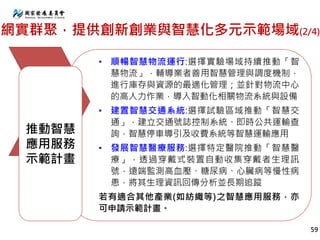 • 順暢智慧物流運行:選擇實驗場域持續推動「智
慧物流」，輔導業者善用智慧管理與調度機制，
進行庫存與資源的最適化管理；並針對物流中心
的高人力作業，導入智動化相關物流系統與設備
• 建置智慧交通系統:選擇試驗區域推動「智慧交
通」，建立交通號誌控制系統、即時公共運輸查
詢，智慧停車導引及收費系統等智慧運輸應用
• 發展智慧醫療服務:選擇特定醫院推動「智慧醫
療」，透過穿戴式裝置自動收集穿戴者生理訊
號，遠端監測高血壓、糖尿病、心臟病等慢性病
患，將其生理資訊回傳分析並長期追蹤
若有適合其他產業(如紡織等)之智慧應用服務，亦
可申請示範計畫。
推動智慧
應用服務
示範計畫
59
網實群聚，提供創新創業與智慧化多元示範場域(2/4)
 