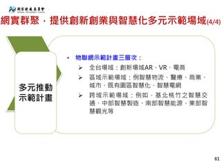 • 物聯網示範計畫三層次：
 全台場域：創新場域AR、VR、電商
 區域示範場域：例智慧物流、醫療、商業、
城市、既有園區智慧化、智慧電網
 跨域示範場域：例如，基北桃竹之智慧交
通、中部智慧製造、南部智慧能源、東部智
慧觀光等
多元推動
示範計畫
61
網實群聚，提供創新創業與智慧化多元示範場域(4/4)
 