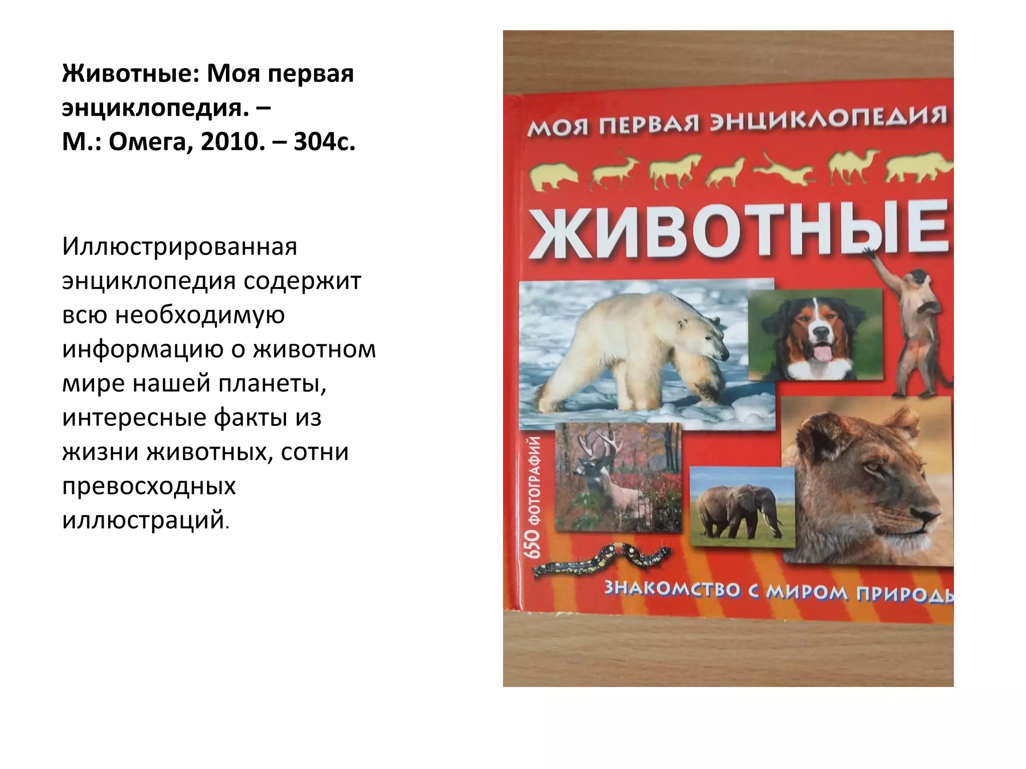 Животные: Моя первая
энциклопедия. –
М.: Омега, 2010. – 304с.
Иллюстрированная
энциклопедия содержит
всю необходимую
информацию о животном
мире нашей планеты,
интересные факты из
жизни животных, сотни
превосходных
иллюстраций.
 