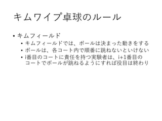 キムワイプ卓球のルール
• キムフィールド
• キムフィールドでは、ボールは決まった動きをする
• ボールは、各コート内で順番に跳ねないといけない
• i番目のコートに責任を持つ実験者は、i+1番目の
コートでボールが跳ねるようにすれば役目は終わり
 