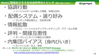 14
・協調⾏動
→ ソーシャルゲームの楽しさ増進、快適なSNS
・配偶システム・選り好み
→ マッチング満⾜度向上、性犯罪対策
・情報拡散
  → ⼝コミ・ソーシャルメディアマーケティング、デマ・炎上対策
・評判・間接互恵性
→ オークションサイトの健全さの維持
・内集団バイアス（⾝内びいき）
→ ネットいじめ・炎上・差別
詳しくは: サイバーエージェント 公式エンジニアブログ Principia
ソーシャル系Webサービスのデータマイニングで社会科学をしてみたい
 http://ameblo.jp/principia-ca/entry-12034204784.html
Webに関係ありそうな社会科学のトピック（他にもたくさん）
 