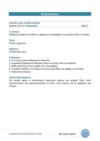 ΠΕΡΙΦΕΡΕΙΑΚΟ ΔΙΚΤΥΟ ΔΗΜΙΟΥΡΓΙΚΗΣ ΓΡΑΦΗΣ Μια ιστορία ταξιδεύει 16
Πετροϊστορίες
Εκπαιδευτικός: Αιμιλία Ιατράκη
Σχολείο: 2ο Δ. Σ. Καλαμαριάς Τάξη: Γ΄
Τι κάναμε:
Γράψαμε ιστορία σε ομάδες με αφορμή τις ζωγραφιές των παιδιών πάνω σε πέτρες.
Υλικά:
Πέτρες, χρώματα.
Διάρκεια:
2 διδακτικές ώρες
Τα βήματα:
1. Εντυπώσεις από καλοκαιρινές διακοπές.
2. Ζωγραφική θαλασσινού θέματος πάνω σε πέτρες από την παραλία.
3. Κάθε παιδί εξηγεί στην ομάδα του τι ζωγράφισε.
4. Η ομάδα τοποθετεί τις πέτρες σε όποια σειρά θέλει και γράφει μια ιστορία.
5. Ανάγνωση ιστοριών.
Σχόλια-Παρατηρήσεις:
Στα παιδιά άρεσε ο συνδυασμός πρακτικού μέρους και γραφής. Ήταν πολύ
ικανοποιημένα που χρησιμοποίησαν τις δικές τους εικόνες για να γράψουν μια
ιστορία.
 