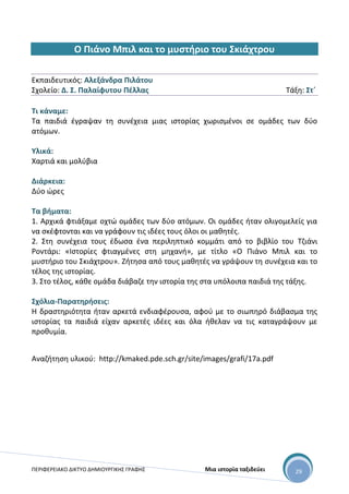 ΠΕΡΙΦΕΡΕΙΑΚΟ ΔΙΚΤΥΟ ΔΗΜΙΟΥΡΓΙΚΗΣ ΓΡΑΦΗΣ Μια ιστορία ταξιδεύει 29
Ο Πιάνο Μπιλ και το μυστήριο του Σκιάχτρου
Εκπαιδευτικός: Αλεξάνδρα Πιλάτου
Σχολείο: Δ. Σ. Παλαίφυτου Πέλλας Τάξη: Στ΄
Τι κάναμε:
Τα παιδιά έγραψαν τη συνέχεια μιας ιστορίας χωρισμένοι σε ομάδες των δύο
ατόμων.
Υλικά:
Χαρτιά και μολύβια
Διάρκεια:
Δύο ώρες
Τα βήματα:
1. Αρχικά φτιάξαμε οχτώ ομάδες των δύο ατόμων. Οι ομάδες ήταν ολιγομελείς για
να σκέφτονται και να γράφουν τις ιδέες τους όλοι οι μαθητές.
2. Στη συνέχεια τους έδωσα ένα περιληπτικό κομμάτι από το βιβλίο του Τζιάνι
Ροντάρι: «Ιστορίες φτιαγμένες στη μηχανή», με τίτλο «Ο Πιάνο Μπιλ και το
μυστήριο του Σκιάχτρου». Ζήτησα από τους μαθητές να γράψουν τη συνέχεια και το
τέλος της ιστορίας.
3. Στο τέλος, κάθε ομάδα διάβαζε την ιστορία της στα υπόλοιπα παιδιά της τάξης.
Σχόλια-Παρατηρήσεις:
Η δραστηριότητα ήταν αρκετά ενδιαφέρουσα, αφού με το σιωπηρό διάβασμα της
ιστορίας τα παιδιά είχαν αρκετές ιδέες και όλα ήθελαν να τις καταγράψουν με
προθυμία.
Αναζήτηση υλικού: http://kmaked.pde.sch.gr/site/images/grafi/17a.pdf
 