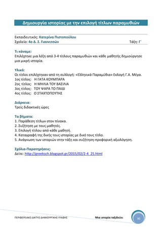 ΠΕΡΙΦΕΡΕΙΑΚΟ ΔΙΚΤΥΟ ΔΗΜΙΟΥΡΓΙΚΗΣ ΓΡΑΦΗΣ Μια ιστορία ταξιδεύει 30
Δημιουργία ιστορίας με την επιλογή τίτλων παραμυθιών
Εκπαιδευτικός: Κατερίνα Πιστοπούλου
Σχολείο: 4ο Δ. Σ. Γιαννιτσών Τάξη: Γ΄
Τι κάναμε:
Επιλέχτηκε μια λέξη από 3-4 τίτλους παραμυθιών και κάθε μαθητής δημιούργησε
μια μικρή ιστορία.
Υλικά:
Οι τίτλοι επιλέχτηκαν από τη συλλογή: «Ελληνικά Παραμύθια» Εκλογή Γ.Α. Μέγα.
1ος τίτλος: Η ΓΑΤΑ ΚΟΥΜΠΑΡΑ
2ος τίτλος: Η ΜΗΛΙΑ ΤΟΥ ΒΑΣΙΛΙΑ
3ος τίτλος: ΤΟΥ ΨΑΡΑ ΤΟ ΠΑΙΔΙ
4ος τίτλος: Ο ΣΤΑΧΤΟΠΟΥΤΗΣ
Διάρκεια:
Τρείς διδακτικές ώρες
Τα βήματα:
1. Παράθεση τίτλων στον πίνακα.
2. Συζήτηση με τους μαθητές.
3. Επιλογή τίτλου από κάθε μαθητή.
4. Καταγραφή της δικής τους ιστορίας με δικό τους τίτλο.
5. Ανάγνωση των ιστοριών στην τάξη και συζήτηση-προφορική αξιολόγηση.
Σχόλια-Παρατηρήσεις:
Δείτε: http://greeksch.blogspot.gr/2015/02/2-4_25.html
 