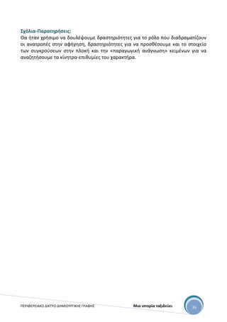 ΠΕΡΙΦΕΡΕΙΑΚΟ ΔΙΚΤΥΟ ΔΗΜΙΟΥΡΓΙΚΗΣ ΓΡΑΦΗΣ Μια ιστορία ταξιδεύει 36
Σχόλια-Παρατηρήσεις:
Θα ήταν χρήσιμο να δουλέψουμε δραστηριότητες για το ρόλο που διαδραματίζουν
οι ανατροπές στην αφήγηση, δραστηριότητες για να προσθέσουμε και το στοιχείο
των συγκρούσεων στην πλοκή και την «παραγωγική ανάγνωση» κειμένων για να
αναζητήσουμε τα κίνητρα-επιθυμίες του χαρακτήρα.
 