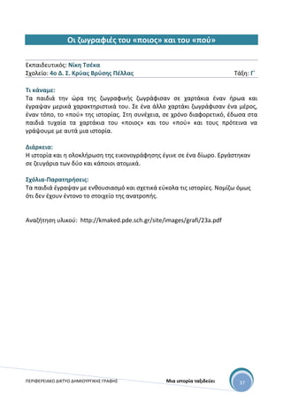 ΠΕΡΙΦΕΡΕΙΑΚΟ ΔΙΚΤΥΟ ΔΗΜΙΟΥΡΓΙΚΗΣ ΓΡΑΦΗΣ Μια ιστορία ταξιδεύει 37
Οι ζωγραφιές του «ποιος» και του «πού»
Εκπαιδευτικός: Νίκη Τσέκα
Σχολείο: 4ο Δ. Σ. Κρύας Βρύσης Πέλλας Τάξη: Γ΄
Τι κάναμε:
Τα παιδιά την ώρα της ζωγραφικής ζωγράφισαν σε χαρτάκια έναν ήρωα και
έγραψαν μερικά χαρακτηριστικά του. Σε ένα άλλο χαρτάκι ζωγράφισαν ένα μέρος,
έναν τόπο, το «πού» της ιστορίας. Στη συνέχεια, σε χρόνο διαφορετικό, έδωσα στα
παιδιά τυχαία τα χαρτάκια του «ποιος» και του «πού» και τους πρότεινα να
γράψουμε με αυτά μια ιστορία.
Διάρκεια:
Η ιστορία και η ολοκλήρωση της εικονογράφησης έγινε σε ένα δίωρο. Εργάστηκαν
σε ζευγάρια των δύο και κάποιοι ατομικά.
Σχόλια-Παρατηρήσεις:
Τα παιδιά έγραψαν με ενθουσιασμό και σχετικά εύκολα τις ιστορίες. Νομίζω όμως
ότι δεν έχουν έντονο το στοιχείο της ανατροπής.
Αναζήτηση υλικού: http://kmaked.pde.sch.gr/site/images/grafi/23a.pdf
 