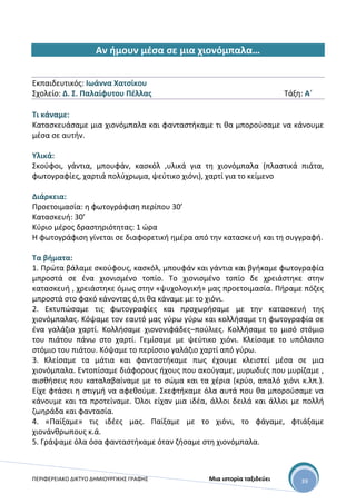 ΠΕΡΙΦΕΡΕΙΑΚΟ ΔΙΚΤΥΟ ΔΗΜΙΟΥΡΓΙΚΗΣ ΓΡΑΦΗΣ Μια ιστορία ταξιδεύει 39
Αν ήμουν μέσα σε μια χιονόμπαλα…
Εκπαιδευτικός: Ιωάννα Χατσίκου
Σχολείο: Δ. Σ. Παλαίφυτου Πέλλας Τάξη: Α΄
Τι κάναμε:
Κατασκευάσαμε μια χιονόμπαλα και φανταστήκαμε τι θα μπορούσαμε να κάνουμε
μέσα σε αυτήν.
Υλικά:
Σκούφοι, γάντια, μπουφάν, κασκόλ ,υλικά για τη χιονόμπαλα (πλαστικά πιάτα,
φωτογραφίες, χαρτιά πολύχρωμα, ψεύτικο χιόνι), χαρτί για το κείμενο
Διάρκεια:
Προετοιμασία: η φωτογράφιση περίπου 30’
Κατασκευή: 30’
Κύριο μέρος δραστηριότητας: 1 ώρα
Η φωτογράφιση γίνεται σε διαφορετική ημέρα από την κατασκευή και τη συγγραφή.
Τα βήματα:
1. Πρώτα βάλαμε σκούφους, κασκόλ, μπουφάν και γάντια και βγήκαμε φωτογραφία
μπροστά σε ένα χιονισμένο τοπίο. Το χιονισμένο τοπίο δε χρειάστηκε στην
κατασκευή , χρειάστηκε όμως στην «ψυχολογική» μας προετοιμασία. Πήραμε πόζες
μπροστά στο φακό κάνοντας ό,τι θα κάναμε με το χιόνι.
2. Εκτυπώσαμε τις φωτογραφίες και προχωρήσαμε με την κατασκευή της
χιονόμπαλας. Κόψαμε τον εαυτό μας γύρω γύρω και κολλήσαμε τη φωτογραφία σε
ένα γαλάζιο χαρτί. Κολλήσαμε χιονονιφάδες–πούλιες. Κολλήσαμε το μισό στόμιο
του πιάτου πάνω στο χαρτί. Γεμίσαμε με ψεύτικο χιόνι. Κλείσαμε το υπόλοιπο
στόμιο του πιάτου. Κόψαμε το περίσσιο γαλάζιο χαρτί από γύρω.
3. Κλείσαμε τα μάτια και φανταστήκαμε πως έχουμε κλειστεί μέσα σε μια
χιονόμπαλα. Εντοπίσαμε διάφορους ήχους που ακούγαμε, μυρωδιές που μυρίζαμε ,
αισθήσεις που καταλαβαίναμε με το σώμα και τα χέρια (κρύο, απαλό χιόνι κ.λπ.).
Είχε φτάσει η στιγμή να αφεθούμε. Σκεφτήκαμε όλα αυτά που θα μπορούσαμε να
κάνουμε και τα προτείναμε. Όλοι είχαν μια ιδέα, άλλοι δειλά και άλλοι με πολλή
ζωηράδα και φαντασία.
4. «Παίξαμε» τις ιδέες μας. Παίξαμε με το χιόνι, το φάγαμε, φτιάξαμε
χιονάνθρωπους κ.ά.
5. Γράψαμε όλα όσα φανταστήκαμε όταν ζήσαμε στη χιονόμπαλα.
 