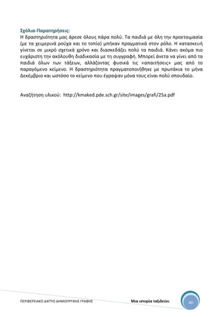 ΠΕΡΙΦΕΡΕΙΑΚΟ ΔΙΚΤΥΟ ΔΗΜΙΟΥΡΓΙΚΗΣ ΓΡΑΦΗΣ Μια ιστορία ταξιδεύει 40
Σχόλια-Παρατηρήσεις:
Η δραστηριότητα μας άρεσε όλους πάρα πολύ. Τα παιδιά με όλη την προετοιμασία
(με τα χειμερινά ρούχα και το τοπίο) μπήκαν πραγματικά στον ρόλο. Η κατασκευή
γίνεται σε μικρό σχετικά χρόνο και διασκεδάζει πολύ τα παιδιά. Κάνει ακόμα πιο
ευχάριστη την ακόλουθη διαδικασία με τη συγγραφή. Μπορεί άνετα να γίνει από τα
παιδιά όλων των τάξεων, αλλάζοντας φυσικά τις «απαιτήσεις» μας από το
παραγόμενο κείμενο. Η δραστηριότητα πραγματοποιήθηκε με πρωτάκια το μήνα
Δεκέμβριο και ωστόσο το κείμενο που έγραψαν μόνα τους είναι πολύ σπουδαίο.
Αναζήτηση υλικού: http://kmaked.pde.sch.gr/site/images/grafi/25a.pdf
 