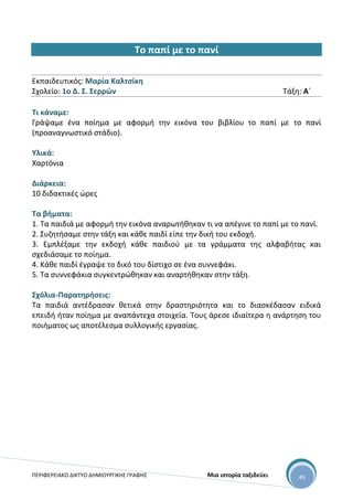 ΠΕΡΙΦΕΡΕΙΑΚΟ ΔΙΚΤΥΟ ΔΗΜΙΟΥΡΓΙΚΗΣ ΓΡΑΦΗΣ Μια ιστορία ταξιδεύει 45
Το παπί με το πανί
Εκπαιδευτικός: Μαρία Καλτσίκη
Σχολείο: 1ο Δ. Σ. Σερρών Τάξη: Α΄
Τι κάναμε:
Γράψαμε ένα ποίημα με αφορμή την εικόνα του βιβλίου το παπί με το πανί
(προαναγνωστικό στάδιο).
Υλικά:
Χαρτόνια
Διάρκεια:
10 διδακτικές ώρες
Τα βήματα:
1. Τα παιδιά με αφορμή την εικόνα αναρωτήθηκαν τι να απέγινε το παπί με το πανί.
2. Συζητήσαμε στην τάξη και κάθε παιδί είπε την δική του εκδοχή.
3. Εμπλέξαμε την εκδοχή κάθε παιδιού με τα γράμματα της αλφαβήτας και
σχεδιάσαμε το ποίημα.
4. Κάθε παιδί έγραψε το δικό του δίστιχο σε ένα συννεφάκι.
5. Τα συννεφάκια συγκεντρώθηκαν και αναρτήθηκαν στην τάξη.
Σχόλια-Παρατηρήσεις:
Τα παιδιά αντέδρασαν θετικά στην δραστηριότητα και το διασκέδασαν ειδικά
επειδή ήταν ποίημα με αναπάντεχα στοιχεία. Τους άρεσε ιδιαίτερα η ανάρτηση του
ποιήματος ως αποτέλεσμα συλλογικής εργασίας.
 
