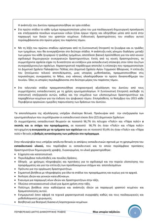 ΠΕΡΙΦΕΡΕΙΑΚΟ ΔΙΚΤΥΟ ΔΗΜΙΟΥΡΓΙΚΗΣ ΓΡΑΦΗΣ Μια ιστορία ταξιδεύει 6
Η ανάπτυξη του Δικτύου πραγματοποιήθηκε σε τρία στάδια:
 Στο πρώτο στάδιο το κάθε τμήμα πραγματοποίησε μόνο του μια παιδαγωγική-δημιουργική προσέγγιση
και επεξεργασία ποικίλων κειμενικών ειδών ή/και έργων τέχνης και οδηγήθηκε μέσα από αυτά στην
παραγωγή των δικών του γραπτών κειμένων. Ενδεικτικές δραστηριότητες του σταδίου αυτού
περιλαμβάνονται στο πρώτο μέρος του παρόντος τόμου.
 Με τη λήξη του πρώτου σταδίου ορίστηκαν από τη Συντονιστική Επιτροπή τα ζευγάρια και οι τριάδες
των τμημάτων, που θα συνεργάζονταν στο δεύτερο στάδιο. Η ανάπτυξη ενός γόνιμου διαλόγου μεταξύ
των μερών του κάθε ζευγαριού ή τριάδας τμημάτων, αποτέλεσε βασική προϋπόθεση για τον από κοινού
σχεδιασμό δημιουργικών συνεργατικών δραστηριοτήτων. Εκτός από τις κοινές δραστηριότητες, τα
συμμετέχοντα σχολεία είχαν τη δυνατότητα να εντάξουν μία εκπαιδευτική επίσκεψη στον τόπο του/των
συνεργαζόμενου/ων σχολείων. Χαρακτηριστικό παράδειγμα αποτελεί η επίσκεψη που πραγματοποίησε
το Δημοτικό Σχολείο Παλαιφύτου Πέλλας στο Δημοτικό Σχολείο Αγίου Γερμανού Φλώρινας. Η επίτευξη
του ζητούμενου τελικού αποτελέσματος, μιας ιστορίας μυθοπλασίας, πραγματοποιήθηκε στις
περισσότερες συνεργασίες το Μάιο, ενώ κάποιες ολοκληρώθηκαν το πρώτο δεκαπενθήμερο του
Ιουνίου. Όλες οι ιστορίες περιλαμβάνονται στο δεύτερο μέρος του παρόντος τόμου.
 Στο τελευταίο στάδιο πραγματοποιήθηκε στοχοκεντρική αξιολόγηση του Δικτύου από τους
συμμετέχοντες εκπαιδευτικούς με τη χρήση ερωτηματολογίων. Η Συντονιστική Επιτροπή ανέλαβε τη
στατιστική επεξεργασία αυτών, καθώς και την επιμέλεια των υλοποιημένων δραστηριοτήτων και
παραχθέντων κειμένων για την έκδοση του ψηφιακού τόμου. Επιπρόσθετα, το Νοέμβριο του 2015 κάθε
Περιφέρεια οργανώνει ημερίδες παρουσίασης των δράσεων του Δικτύου.
Τα αποτελέσματα της αξιολόγησης υπήρξαν ιδιαίτερα θετικά. Προέκυψαν από την επεξεργασία των
ερωτηματολογίων που συμπλήρωσαν οι εκπαιδευτικοί είκοσι δύο (22) Δημοτικών Σχολείων:
Οι συμμετέχοντες εκπαιδευτικοί θεωρούν σε ποσοστό 96,7% ότι πέτυχαν «Πολύ» και «Πάρα πολύ» ο
σκοπός και οι στόχοι του προγράμματος, σε ποσοστό 96,7% ότι ήταν «Πολύ» και «Πάρα πολύ»
πετυχημένη η συνεργασία με τα τμήματα των σχολείων και σε ποσοστό 93,4% ότι ήταν «Πολύ» και «Πάρα
πολύ» θετικός ο βαθμός ανταπόκρισης των μαθητών στο πρόγραμμα.
Στην πλειοψηφία τους υπήρξαν απόλυτα θετικές οι απόψεις εκπαιδευτικών σχετικά με τη χρησιμότητα του
εκπαιδευτικού υλικού, που παρέλαβαν οι εκπαιδευτικοί και το οποίο περιλάμβανε προτάσεις
δραστηριοτήτων δημιουργικής γραφής. Συγκεκριμένα, το υλικό χαρακτηρίσθηκε:
 Εύχρηστο και κατατοπιστικό.
 Περιελάμβανε πολυπληθείς και ποικίλες δράσεις.
 Οδηγός με χρήσιμες πληροφορίες και προτάσεις για το σχεδιασμό και την πορεία υλοποίησης του
προγράμματος και για την επίτευξη των προσδοκώμενων στόχων και αποτελεσμάτων
 Πρότυπο για την οργάνωση δραστηριοτήτων.
 Σημαντική βοήθεια με πληροφορίες για όλα τα στάδια του προγράμματος και κυρίως για τα αρχικά.
 Άντληση ιδεών και γενικών κατευθύνσεων.
 Έναυσμα για παραγωγή νέων ιδεών και δραστηριοτήτων στην τάξη.
 Πλούσιο οπτικοακουστικό υλικό για άμεση χρήση στην τάξη.
 Πολύτιμη βοήθεια στην καλλιέργεια και ανάπτυξη ιδεών γα παραγωγή γραπτού κειμένου και
δραματοποίησης αυτού.
 Ενημερωτικό όσον αφορά τα τεχνικά χαρακτηριστικά συγγραφής καθώς και τους παιδαγωγικούς και
μεθοδολογικούς χειρισμούς.
 Βοηθητικό για θεατρική διασκευή λογοτεχνικών κειμένων.
 