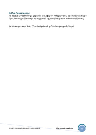 ΠΕΡΙΦΕΡΕΙΑΚΟ ΔΙΚΤΥΟ ΔΗΜΙΟΥΡΓΙΚΗΣ ΓΡΑΦΗΣ Μια ιστορία ταξιδεύει 60
Σχόλια-Παρατηρήσεις:
Τα παιδιά εργάστηκαν με χαρά και ενδιαφέρον. Μπορώ να πω με ειλικρίνεια πως οι
ώρες που ασχολήθηκαν με τη συγγραφή της ιστορίας ήταν οι πιο ενδιαφέρουσες
Αναζήτηση υλικού: http://kmaked.pde.sch.gr/site/images/grafi/3b.pdf
 