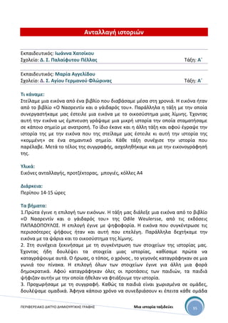 ΠΕΡΙΦΕΡΕΙΑΚΟ ΔΙΚΤΥΟ ΔΗΜΙΟΥΡΓΙΚΗΣ ΓΡΑΦΗΣ Μια ιστορία ταξιδεύει 95
Ανταλλαγή ιστοριών
Εκπαιδευτικός: Ιωάννα Χατσίκου
Σχολείο: Δ. Σ. Παλαίφυτου Πέλλας Τάξη: Α΄
Εκπαιδευτικός: Μαρία Αγγελίδου
Σχολείο: Δ. Σ. Αγίου Γερμανού Φλώρινας Τάξη: Α΄
Τι κάναμε:
Στείλαμε μια εικόνα από ένα βιβλίο που διαβάσαμε μέσα στη χρονιά. Η εικόνα ήταν
από το βιβλίο «Ο Νασρεντίν και ο γάιδαρός του». Παράλληλα η τάξη με την οποία
συνεργαστήκαμε μας έστειλε μια εικόνα με το οικοσύστημα μιας λίμνης. Έχοντας
αυτή την εικόνα ως έμπνευση γράψαμε μια μικρή ιστορία την οποία σταματήσαμε
σε κάποιο σημείο με ανατροπή. Το ίδιο έκανε και η άλλη τάξη και αφού έγραψε την
ιστορία της με την εικόνα που της στείλαμε μας έστειλε κι αυτή την ιστορία της
«κομμένη» σε ένα σημαντικό σημείο. Κάθε τάξη συνέχισε την ιστορία που
παρέλαβε. Μετά το τέλος της συγγραφής, ασχοληθήκαμε και με την εικονογράφησή
της.
Υλικά:
Εικόνες ανταλλαγής, προτζέκτορας, μπογιές, κόλλες Α4
Διάρκεια:
Περίπου 14-15 ώρες
Τα βήματα:
1.Πρώτα έγινε η επιλογή των εικόνων. Η τάξη μας διάλεξε μια εικόνα από το βιβλίο
«Ο Νασρεντίν και ο γάιδαρός του» της Odile Weulersse, από τις εκδόσεις
ΠΑΠΑΔΟΠΟΥΛΟΣ. Η επιλογή έγινε με ψηφοφορία. Η εικόνα που συγκέντρωσε τις
περισσότερες ψήφους ήταν και αυτή που επελέγη. Παράλληλα δεχτήκαμε την
εικόνα με τα ψάρια και το οικοσύστημα της λίμνης.
2. Στη συνέχεια ξεκινήσαμε με τη συγκέντρωση των στοιχείων της ιστορίας μας.
Έχοντας ήδη δουλέψει τα στοιχεία μιας ιστορίας, καθίσαμε πρώτα να
καταγράψουμε αυτά. Ο ήρωας, ο τόπος, ο χρόνος , το γεγονός καταγράφηκαν σε μια
γωνιά του πίνακα. Η επιλογή όλων των στοιχείων έγινε για άλλη μια φορά
δημοκρατικά. Αφού καταγράφηκαν όλες οι προτάσεις των παιδιών, τα παιδιά
ψήφιζαν αυτήν με την οποία ήθελαν να φτιάξουμε την ιστορία.
3. Προχωρήσαμε με τη συγγραφή. Καθώς τα παιδιά είναι χωρισμένα σε ομάδες,
δουλέψαμε ομαδικά. Άφηνα κάποιο χρόνο να συνεδριάσουν κι έπειτα κάθε ομάδα
 