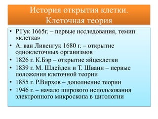 История открытия клетки.
Клеточная теория
• Р.Гук 1665г. – первые исследования, темин
«клетка»
• А. ван Ливенгук 1680 г. – открытие
одноклеточных организмов
• 1826 г. К.Бэр – открытие яйцеклетки
• 1839 г. М. Шлейден и Т. Шванн – первые
положения клеточной теории
• 1855 г. Р.Вирхов – дополнение теории
• 1946 г. – начало широкого использования
электронного микроскопа в цитологии
 