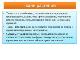 Ткани растений
• Ткани - это устойчивые, закономерно повторяющиеся,
группы клеток, сходные по происхождению, строению и
приспособленные к выполнению одной или нескольких
функций.
• Ткань - простая, если все ее клетки одинаковы по форме и
функциям (паренхима, склеренхима)
• Сложные ткани (покровные, проводящие) состоят из
клеток, неодинаковых по форме, внутреннему строению и
функциям, но связанных общим происхождением
 