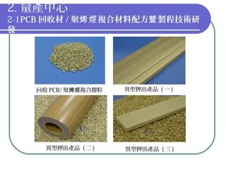 2. 量產中心
2-1PCB 回收材 / 聚 複合材料配方 製程技術研烯烴 暨
發
異型押出產品 ( 二 )
異型押出產品 ( 一 )
異型押出產品 ( 三 )
回收 PCB/ 聚 複合膠粒烯烴
 