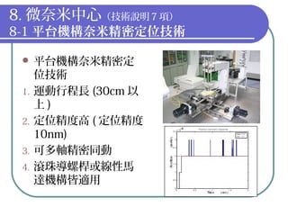 8. 微奈米中心（技術說明７項）
8-1 平台機構奈米精密定位技術
 平台機構奈米精密定
位技術
1. 運動行程長 (30cm 以
上 )
2. 定位精度高 ( 定位精度
10nm)
3. 可多軸精密同動
4. 滾珠導螺桿或線性馬
達機構皆適用
 