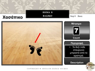 C O P Y R I G H T ® A P O L L O N D A N C E S T U D I O
BHMA 8
ΒΑΣΙΚΟ Step 8 Basic
Μέτρημα
7
Περιγραφή
Description
• Το δεξί πόδι
σταυρώνει
μπροστά από το
αριστερό.
Count
Χασάπικο
 