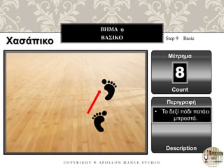 C O P Y R I G H T ® A P O L L O N D A N C E S T U D I O
BHMA 9
ΒΑΣΙΚΟ Step 9 Basic
Μέτρημα
8
Περιγραφή
Description
• Το δεξί πόδι πατάει
μπροστά.
Count
Χασάπικο
 
