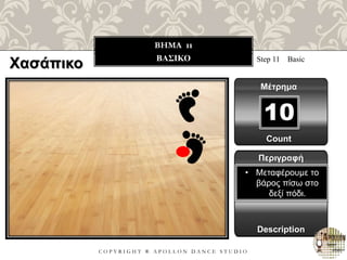 C O P Y R I G H T ® A P O L L O N D A N C E S T U D I O
BHMA 11
ΒΑΣΙΚΟ Step 11 Basic
Μέτρημα
10
Περιγραφή
Description
• Μεταφέρουμε το
βάρος πίσω στο
δεξί πόδι.
Count
Χασάπικο
 
