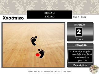 C O P Y R I G H T ® A P O L L O N D A N C E S T U D I O
BHMA 3
ΒΑΣΙΚΟ Step 3 Basic
Μέτρημα
Περιγραφή
Description
• Χτυπάμε τη μύτη
του δεξιού ποδιού
πίσω από το
αριστερό.
Count
2
Χασάπικο
 