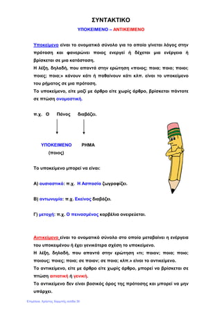 ΣΥΝΤΑΚΤΙΚΟ
ΥΠΟΚΕΙΜΕΝΟ – ΑΝΤΙΚΕΙΜΕΝΟ
Υποκείμενο είναι το ονοματικό σύνολο για το οποίο γίνεται λόγος στην
πρόταση και φανερώνει ποιος ενεργεί ή δέχεται μια ενέργεια ή
βρίσκεται σε μια κατάσταση.
Η λέξη, δηλαδή, που απαντά στην ερώτηση «ποιος; ποια; ποιο; ποιοι;
ποιες; ποια;» κάνουν κάτι ή παθαίνουν κάτι κλπ. είναι το υποκείμενο
του ρήματος σε μια πρόταση.
Το υποκείμενο, είτε μαζί με άρθρο είτε χωρίς άρθρο, βρίσκεται πάντοτε
σε πτώση ονομαστική.
π.χ. Ο Πάνος διαβάζει.
ΥΠΟΚΕΙΜΕΝΟ ΡΗΜΑ
(ποιος)
Το υποκείμενο μπορεί να είναι:
Α) ουσιαστικό: π.χ. Η Ασπασία ζωγραφίζει.
Β) αντωνυμία: π.χ. Εκείνος διαβάζει.
Γ) μετοχή: π.χ. Ο πεινασμένος καρβέλια ονειρεύεται.
Αντικείμενο είναι το ονοματικό σύνολο στο οποίο μεταβαίνει η ενέργεια
του υποκειμένου ή έχει γενικότερα σχέση το υποκείμενο.
Η λέξη, δηλαδή, που απαντά στην ερώτηση «τι; ποιον; ποια; ποιο;
ποιους; ποιες; ποια; σε ποιον; σε ποια; κλπ.» είναι το αντικείμενο.
Το αντικείμενο, είτε με άρθρο είτε χωρίς άρθρο, μπορεί να βρίσκεται σε
πτώση αιτιατική ή γενική.
Το αντικείμενο δεν είναι βασικός όρος της πρότασης και μπορεί να μην
υπάρχει.
Επιμέλεια: Χρήστος Χαρμπής σελίδα 30
 