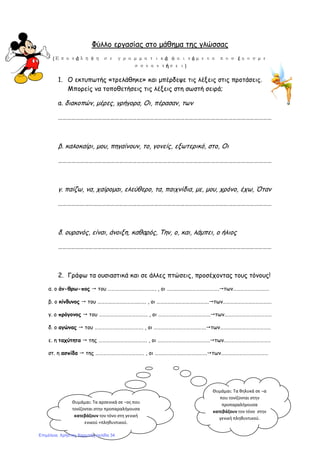 Φύλλο εργασίας στο μάθημα της γλώσσας
(Επανάληψη σε γραμματικά φαινόμενα που έχουμε
συναντήσει)
1. Ο εκτυπωτής «τρελάθηκε» και μπέρδεψε τις λέξεις στις προτάσεις.
Μπορείς να τοποθετήσεις τις λέξεις στη σωστή σειρά;
α. διακοπών, μέρες, γρήγορα, Οι, πέρασαν, των
…………………………………………………………………………………………………………………………………
β. καλοκαίρι, μου, πηγαίνουν, το, γονείς, εξωτερικό, στο, Οι
…………………………………………………………………………………………………………………………………
γ. παίζω, να, χαίρομαι, ελεύθερο, τα, παιχνίδια, με, μου, χρόνο, έχω, Όταν
…………………………………………………………………………………………………………………………………
δ. ουρανός, είναι, άνοιξη, καθαρός, Την, ο, και, λάμπει, ο ήλιος
…………………………………………………………………………………………………………………………………
2. Γράφω τα ουσιαστικά και σε άλλες πτώσεις, προσέχοντας τους τόνους!
α. ο άν-θρω-πος  του …………………………………. , οι …………………………………….των…………………………
β. ο κίνδυνος  του …………………………………. , οι …………………………………….των………………………………….
γ. ο πρόγονος  του …………………………………. , οι …………………………………….των…………………………………
δ. ο αγώνας  του …………………………………. , οι …………………………………….των……………………………………
ε. η ταχύτητα  της …………………………………. , οι …………………………………….των…………………………………
στ. η ασπίδα  της …………………………………. , οι …………………………………….των…………………………………
Θυμάμαι: Τα αρσενικά σε –ος που
τονίζονται στην προπαραλήγουσα
κατεβάζουν τον τόνο στη γενική
ενικού +πληθυντικού.
Θυμάμαι: Τα θηλυκά σε –α
που τονίζονται στην
προπαραλήγουσα
κατεβάζουν τον τόνο στην
γενική πληθυντικού.
Επιμέλεια: Χρήστος Χαρμπής σελίδα 34
 