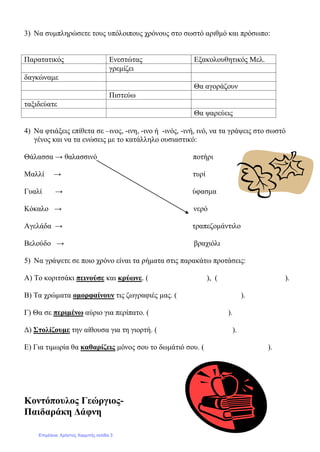 3) Να συμπληρώσετε τους υπόλοιπους χρόνους στο σωστό αριθμό και πρόσωπο:
Παρατατικός Ενεστώτας Εξακολουθητικός Μελ.
γρεμίζει
δαγκώναμε
Θα αγοράζουν
Πιστεύω
ταξιδεύατε
Θα ψαρεύεις
4) Να φτιάξεις επίθετα σε –ινος, -ινη, -ινο ή -ινός, -ινή, ινό, να τα γράψεις στο σωστό
γένος και να τα ενώσεις με το κατάλληλο ουσιαστικό:
Θάλασσα → θαλασσινό ποτήρι
Μαλλί → τυρί
Γυαλί → ύφασμα
Κόκαλο → νερό
Αγελάδα → τραπεζομάντιλο
Βελούδο → βραχιόλι
5) Να γράψετε σε ποιο χρόνο είναι τα ρήματα στις παρακάτω προτάσεις:
Α) Το κοριτσάκι πεινούσε και κρύωνε. ( ), ( ).
Β) Τα χρώματα ομορφαίνουν τις ζωγραφιές μας. ( ).
Γ) Θα σε περιμένω αύριο για περίπατο. ( ).
Δ) Στολίζουμε την αίθουσα για τη γιορτή. ( ).
Ε) Για τιμωρία θα καθαρίζεις μόνος σου το δωμάτιό σου. ( ).
Κοντόπουλος Γεώργιος-
Παιδαράκη Δάφνη
Επιμέλεια: Χρήστος Χαρμπής σελίδα 3
 
