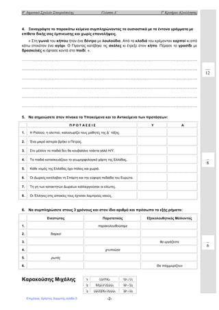 8ο
Δημοτικό Σχολείο Σταυρούπολης Γλώσσα Δ΄ 1ο
Κριτήριο Αξιολόγησης
-2-
4. Ξαναγράψτε το παρακάτω κείμενο συμπληρώνοντας τα ουσιαστικά με τα έντονα γράμματα με
επίθετα δικής σας έμπνευσης και χωρίς επαναλήψεις.
« Στη γωνιά του κήπου ήταν ένα δέντρο με λουλούδια. Από τα κλαδιά του κρέμονταν καρποί κι από
κάτω στεκόταν ένα αγόρι. Ο Γίγαντας κατέβηκε τις σκάλες κι έτρεξε στον κήπο. Πέρασε το γρασίδι με
δρασκελιές κι έφτασε κοντά στο παιδί. ».
………………………………………………………………………………………………………………….
………………………………………………………………………………………………………………….
………………………………………………………………………………………………………………….
………………………………………………………………………………………………………………….
………………………………………………………………………………………………………………….
………………………………………………………………………………………………………………….
5. Να σημειώσετε στον πίνακα τα Υποκείμενα και τα Αντικείμενα των προτάσεων:
Π Ρ Ο Τ Α Σ Ε Ι Σ Υ Α
1. Η Ραλλού, η αλεπού, καλοσωρίζει τους μαθητές της Δ΄ τάξης.
2. Ένα μικρό αστερία βρήκε ο Πέτρος.
3. Στο μέλλον τα παιδιά δεν θα κουβαλάνε τσάντα αλλά Η/Υ.
4. Τα παιδιά κατασκευάζουν το γεωμορφολογικό χάρτη της Ελλάδας.
5. Κάθε νομός της Ελλάδας έχει πόλεις και χωριά.
6. Οι Δωριείς κατέλαβαν τη Σπάρτη και την εύφορη πεδιάδα του Ευρώτα.
7. Τη γη των κατακτητών Δωριέων καλλιεργούσαν οι είλωτες.
8. Οι Έλληνες στις αποικίες τους έχτισαν λαμπρούς ναούς.
6. Να συμπληρώσετε στους 3 χρόνους και στον ίδιο αριθμό και πρόσωπο τα εξής ρήματα:
Καρακούσης Μιχάλης
Ενεστώτας Παρατατικός Εξακολουθητικός Μέλλοντας
1. παρακολουθούσαμε
2. διαρκεί
3. θα εργάζεστε
4. χτυπούσα
5. ρωτάς
6. Θα πλημμυρίζουν
111 ΑΑΑΡΡΡ ΙΙΙΣΣΣΤΤΤΑΑΑ 555777 --- 666666
222 ΠΠΠΟΟΟΛΛΛΥΥΥ ΚΚΚ ΑΑΑΛΛΛ ΑΑΑ 444777 --- 555666
333 ΑΑΑΡΡΡΚΚΚΕΕΕΤΤΤΑΑΑ ΚΚΚ ΑΑΑΛΛΛ ΑΑΑ 333777 --- 444666
12
8
6
Επιμέλεια: Χρήστος Χαρμπής σελίδα 5
 