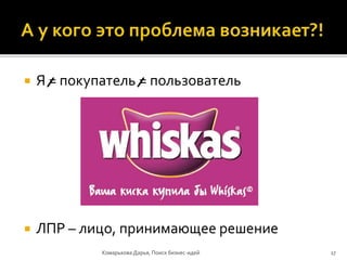  Я = покупатель = пользователь
 ЛПР – лицо, принимающее решение
Комарькова Дарья, Поиск бизнес-идей 17
 