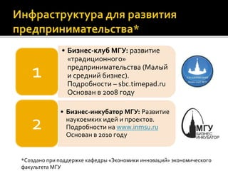 • Бизнес-клуб МГУ: развитие
«традиционного»
предпринимательства (Малый
и средний бизнес).
Подробности – sbc.timepad.ru
Основан в 2008 году
1
• Бизнес-инкубатор МГУ: Развитие
наукоемких идей и проектов.
Подробности на www.inmsu.ru
Основан в 2010 году
2
*Создано при поддержке кафедры «Экономики инноваций» экономического
факультета МГУ
 