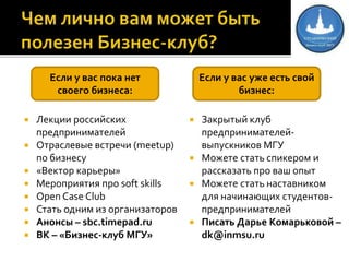  Лекции российских
предпринимателей
 Отраслевые встречи (meetup)
по бизнесу
 «Вектор карьеры»
 Мероприятия про soft skills
 Open Case Club
 Стать одним из организаторов
 Анонсы – sbc.timepad.ru
 ВК – «Бизнес-клуб МГУ»
Если у вас пока нет
своего бизнеса:
Если у вас уже есть свой
бизнес:
 Закрытый клуб
предпринимателей-
выпускников МГУ
 Можете стать спикером и
рассказать про ваш опыт
 Можете стать наставником
для начинающих студентов-
предпринимателей
 Писать Дарье Комарьковой –
dk@inmsu.ru
 