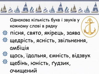 Однакова кількість букв і звуків у
кожному слові в рядку
пісня, свято, якірець, заява
щедрість, ясність, звільнення,
амбіція
щось, їдальня, ємність, відзвук
щебінь, юність, ґудзик,
очищений
 