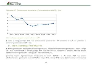 12
Диаграмма №3. Промышленное производство в России, январь-сентябрь 2015 года.
(Источник: Федеральная служба государственной статистики РФ)
В целом за январь-сентябрь 2015 года промышленное производство в РФ снизилось на 3,2% по сравнению с
соответствующим периодом 2014 года.
2.4. ОБРАБАТЫВАЮЩЕЕ ПРОИЗВОДСТВО
В 2015 году наблюдался спад обрабатывающего производства. Индекс обрабатывающего производства в январе-декабре
2015 года составил 94,6% к январю-декабрю 2014 года (при этом по отношению к декабрю 2013 года индекс
обрабатывающего производства в декабре 2014 года составил 102,1%).
Динамика индекса обрабатывающего производства на январь 2014-2016 гг. На январь 2014 года индекс
обрабатывающего производства составил 100,0% к январю 2013, в январе 2015 индекс обрабатывающего производства
 