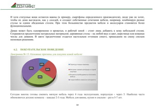 64
И хотя статусные вещи остаются важны (к примеру, смартфоны определенного производителя), люди уже не хотят,
чтобы их дома выглядели, как у соседей, и создают собственные сочетания мебели, например, комбинируя разные
стулья за одним обеденным столом. При этом большинство предметов мебели и аксессуаров становятся более
функциональными.
Диван может быть одновременно и кроватью, и рабочей зоной – стоит лишь добавить к нему небольшой столик.
Сохраняется предпочтение натуральных материалов: деревянные столы – на любой вкус и цвет, шерстяные или кожаные
чехлы для диванов. В цвете предпочтение отдается пастельным оттенкам синего, пришедшим на смену смелым
неоновым решениям.
6.2. ПОКУПАТЕЛЬСКОЕ ПОВЕДЕНИЕ
Диаграмма № 15. Основные причины для покупки новой мебели:
Сегодня многие готовы сменить мягкую мебель через 4 года эксплуатации, корпусную - через 5. Наиболее часто
обновляются детские комнаты – каждые 2-3 года. Мебель для ванны, кухни и спальни – раз в 5-7 лет.
 